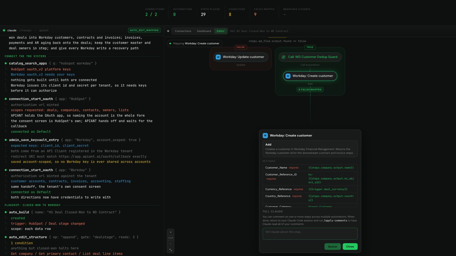 A split screen: an agent session on the left, the APIANT editor assembling an automation on the right.